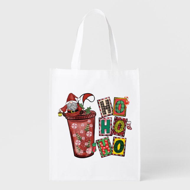 Cute Scandinavian Santa Claus Gnome -Christmas Cup Grocery Bag (Front)