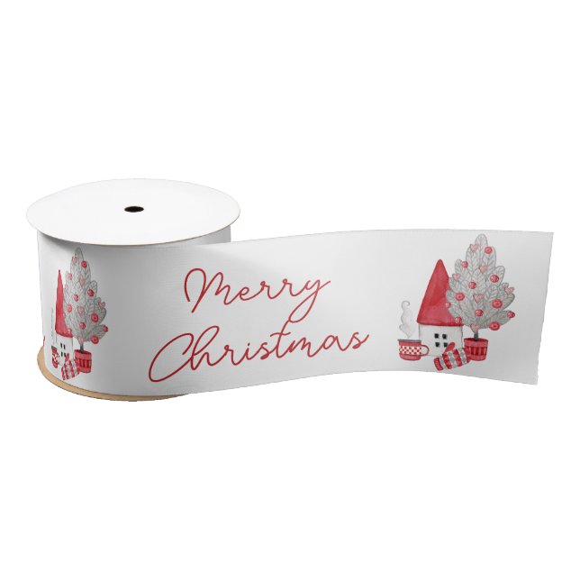 Cute Scandinavian Watercolor House Christmas Tree Satin Ribbon (Spool)