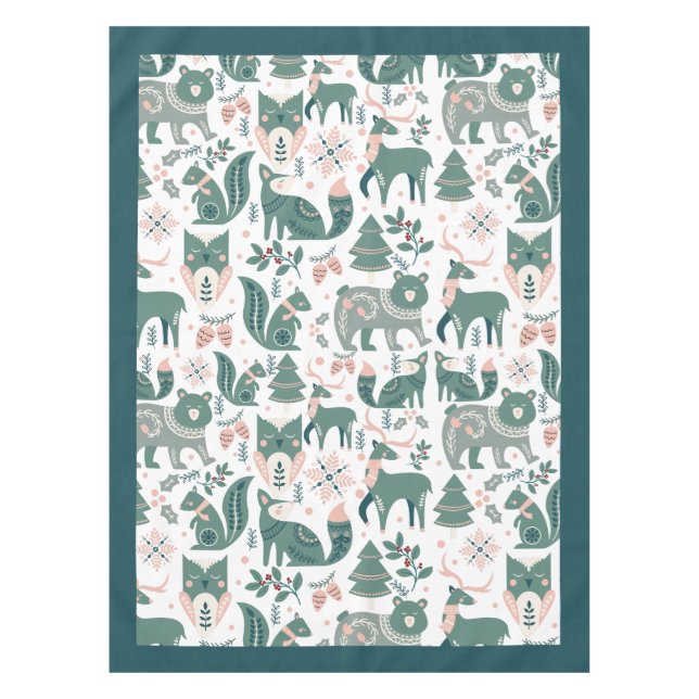 Cute Scandinavian Woodland Animals Snowflakes Tablecloth (Front)
