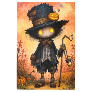 Cute Scarecrow: Autumn Pumpkin Field Metal Print
