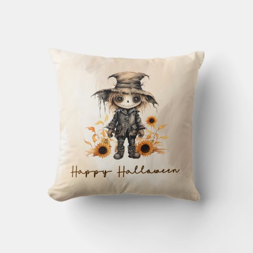 Cute Scarecrow Gold Sunflowers Happy Halloween Throw Pillow