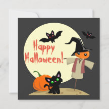 Cute Scarecrow & Kitty Halloween Card