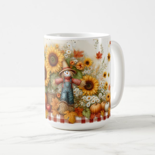 Cute Scarecrow with Pumpkins and Flowers Coffee Mug (Front Right)