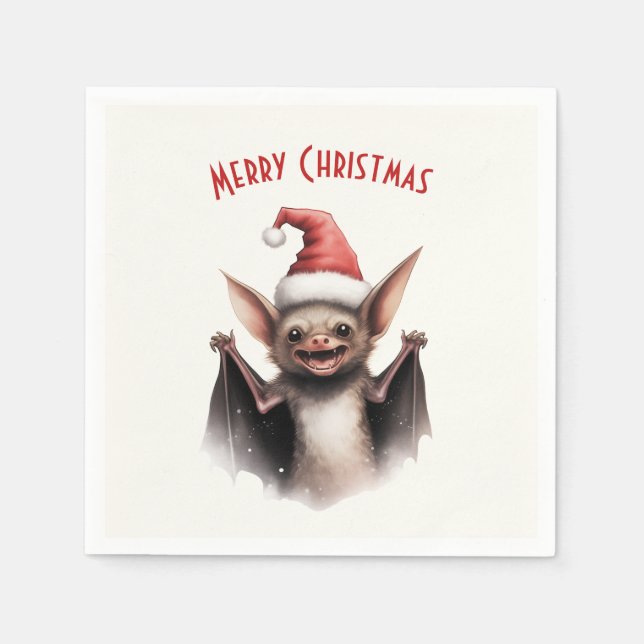 Cute Scary Bat Santa Hat Red Poinsettia Christmas Napkins (Front)