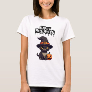 Cute Scary Black Cat With Pumpkin Jack O Lantern T-Shirt