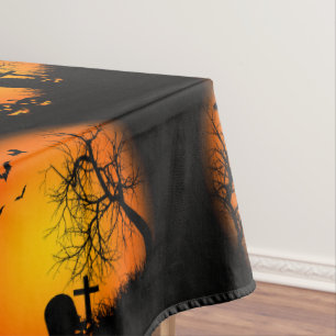 Cute Scary Happy Halloween Graveyard Black Orange Tablecloth