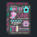 Cute Scary Little Monsters Birthday Invitation<br><div class="desc">Cute and scary little monsters on chalkboard background with colorful grunge chevron print back design birthday invitation card.</div>