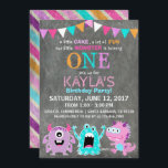 Cute Scary Little Monsters Birthday Invitation<br><div class="desc">Cute and scary little monsters on chalkboard background with colorful grunge stripe back design birthday invitation card.</div>