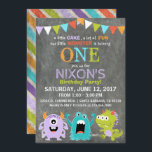 Cute Scary Little Monsters Birthday Invitation<br><div class="desc">Cute and scary little monsters on chalkboard background with colorful grunge stripe back design birthday invitation card.</div>