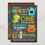Cute Scary Little Monsters Birthday Invitation<br><div class="desc">Cute and scary little monsters on chalkboard background with colorful grunge chevron print back design birthday invitation card.</div>