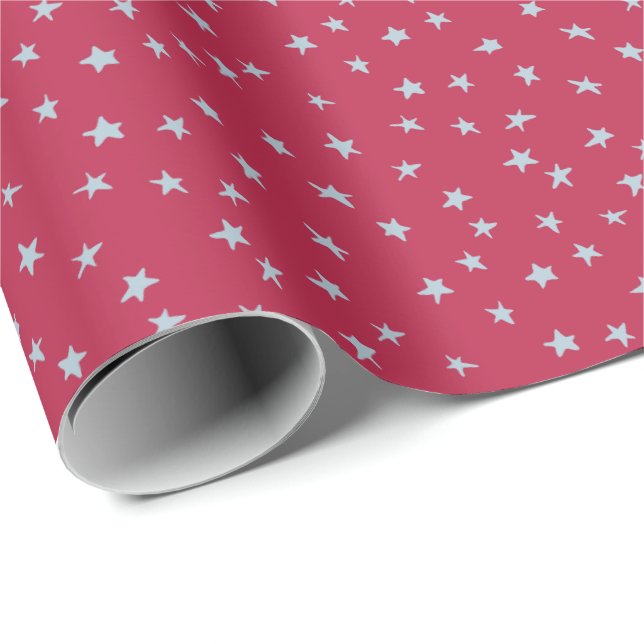 Cute Scattered Blue Star Doodles on Red Wrapping Paper (Roll Corner)