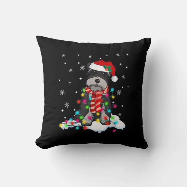 cute schnauzer christmas lights with santa hat gif throw pillow (Front)