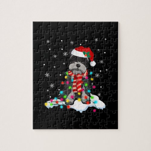 Cute Schnauzer Christmas Lights With Santa Hat Jigsaw Puzzle