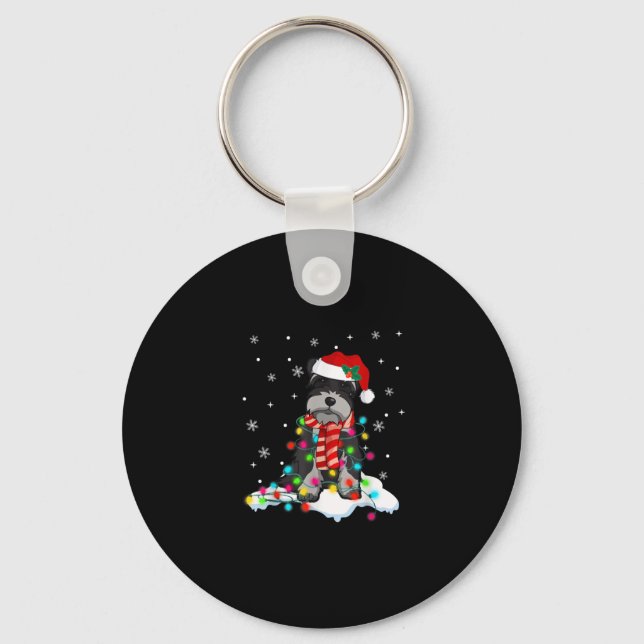 Cute Schnauzer Christmas Lights With Santa Hat Keychain (Front)