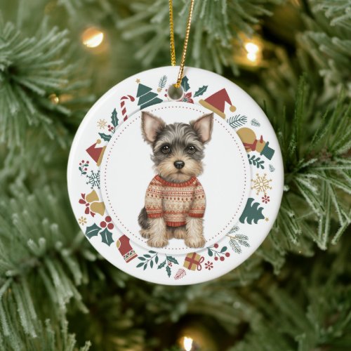 Cute Schnauzer Dog in Winter Sweater Christmas Ceramic Ornament