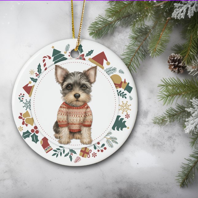 Cute Schnauzer Dog in Winter Sweater Christmas Ceramic Ornament (Creator Uploaded)