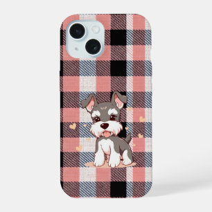 Cute Schnauzer Dog Pink Plaid iPhone 15 Case