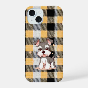 Cute Schnauzer Dog Yellow Plaid iPhone 15 Case