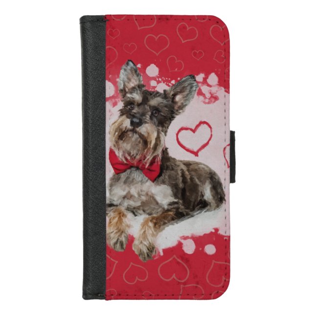 Cute Schnauzer on Hearts Pattern iPhone Wallet Case (Front)
