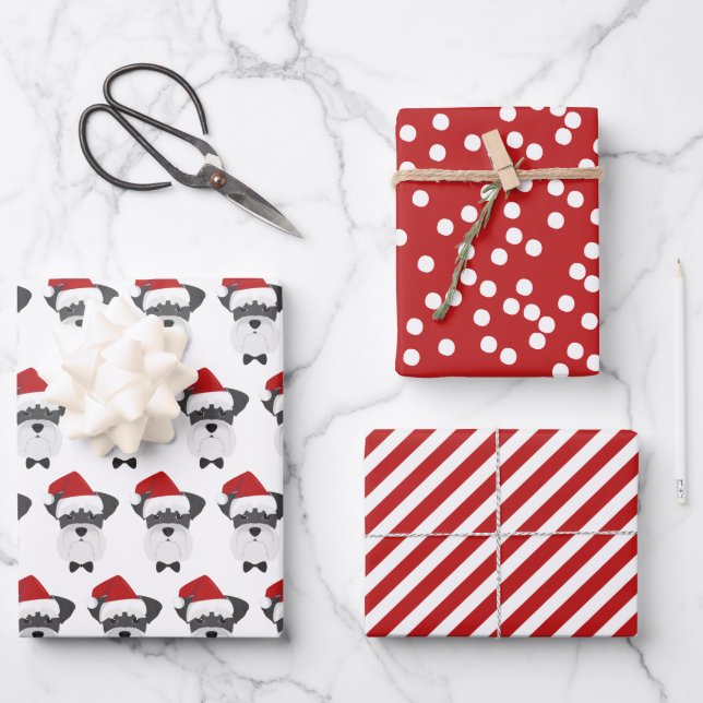 Cute Schnauzer & Red Striped Christmas  Wrapping Paper Sheets (Front)