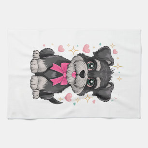 Cute Schnauzer With Pink Bow Surrounded by Hearts Kitchen Towel