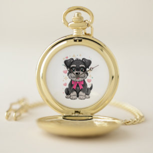 Cute Schnauzer With Pink Bow Surrounded by Hearts Pocket Watch