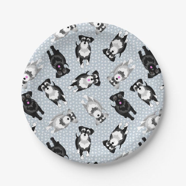 Cute schnauzers blue party cake paper plates (Front)