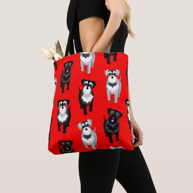 Cute Schnauzers Pattern Red Tote Bag (Close Up)