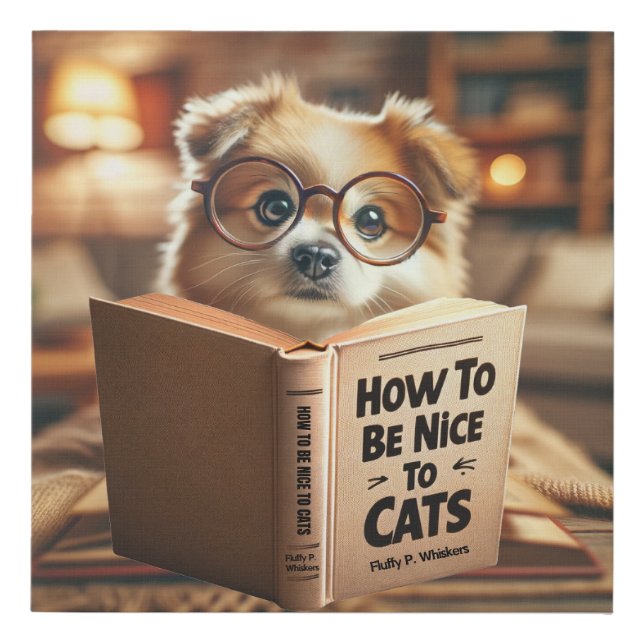 Cute Scholarly Pomeranian Dog Reading Book Faux Canvas Print (Front)