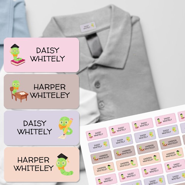 Cute School Bookworm Kids Name Clothing Labels (Creator Uploaded)
