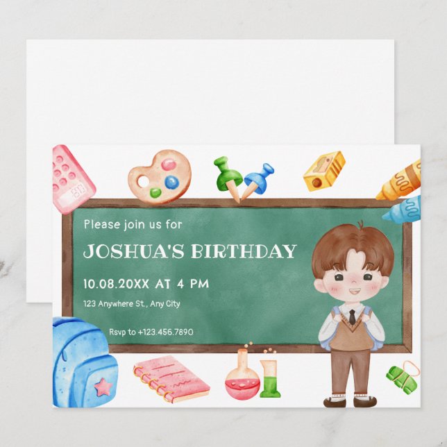 Cute school boy chalkboard birthday invitation (Front/Back)