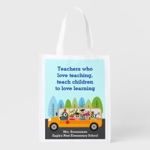 Cute School Bus Owl Driver Reusable Grocery Bag
