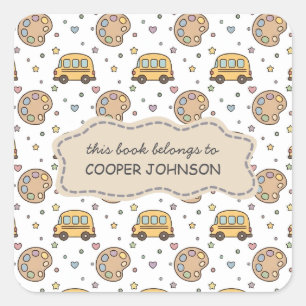 Cute School Bus Pattern Name Bookplate