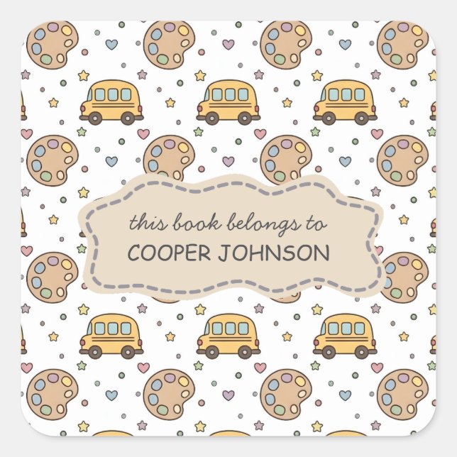 Cute School Bus Pattern Name Bookplate (Front)