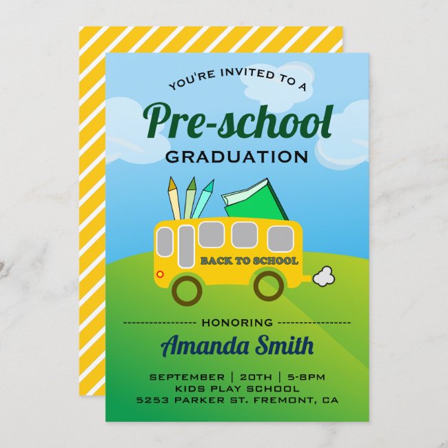 Cute School Bus Preschool Graduation Invitation