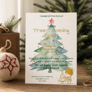 Cute School Christmas Tree Trimming Party Gold Foil Invitation