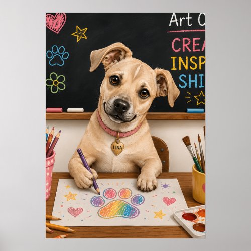 Cute School Dog Painting Watercolor Illustration Poster