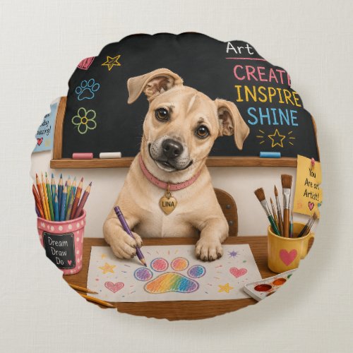 Cute School Dog Painting Watercolor Illustration Round Pillow