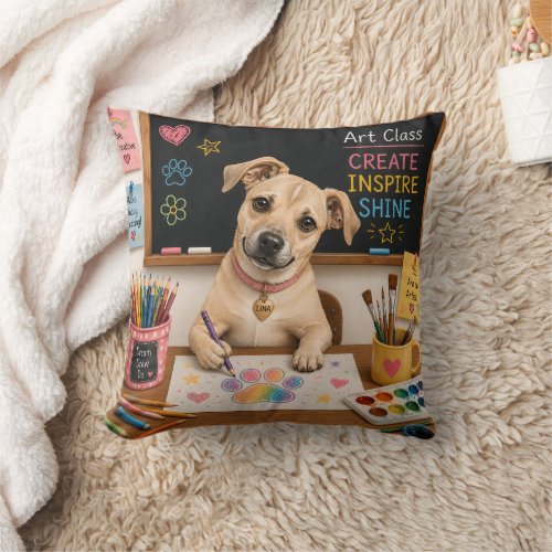 Cute School Dog Painting Watercolor Illustration Throw Pillow