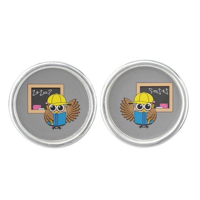 Cute School Student Owl Cartoon Cufflinks (Front)