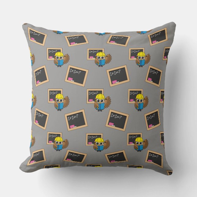 Cute School Student Owl Cartoon Throw Pillow (Front)