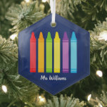 Cute School Teacher Crayon Personalized Christmas Glass Ornament<br><div class="desc">A beautiful Teacher Appreciation Week or End of Year gift for a kindergartener to give to their elementary school teacher. Custom made with a name under the cute rainbow of crayons. An adorable Christmas ornament gift for a preschool teacher.</div>