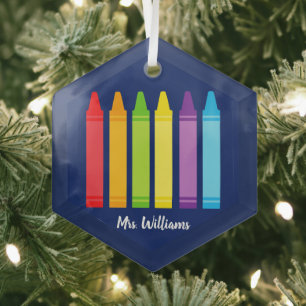 Cute School Teacher Crayon Personalized Christmas Glass Ornament