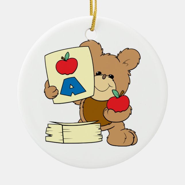 cute school teddy bear A is for Apple Ceramic Ornament (Front)