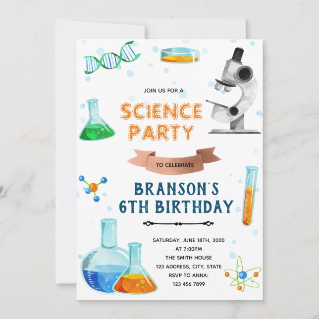 Cute science party birthday invitation (Front)