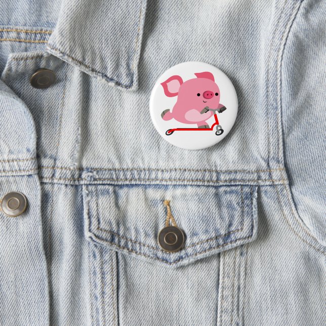 Cute Scooter-Riding Cartoon Pig Pinback Button (In Situ)