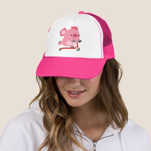 Cute Scooter_Riding Cartoon Pig Trucker Hat