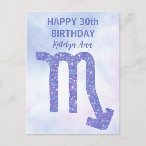 Cute Scorpio Sign Custom Purple Happy Birthday Postcard