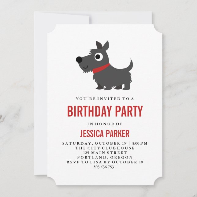 Cute Scottie Dog Black and Red Birthday Party Invitation (Front)