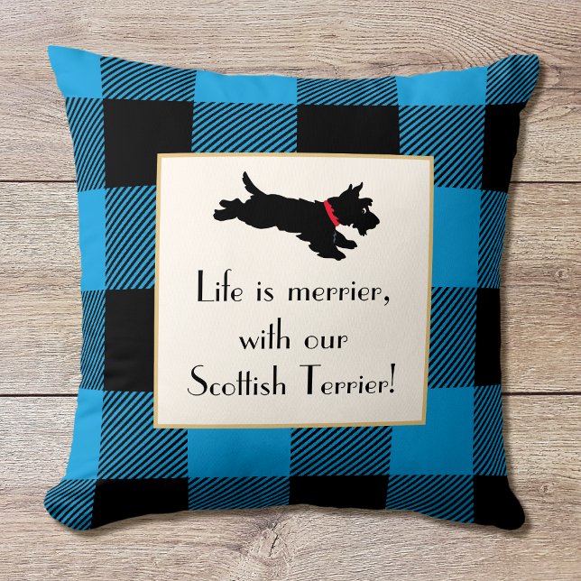 Cute Scottie Dog Buffalo Plaid Blue Throw Pillow (Creator Uploaded)